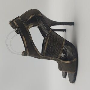 Tory Burch Caged Gladiator Sandals Heels Leather Linen Olive Party Statement 8.5